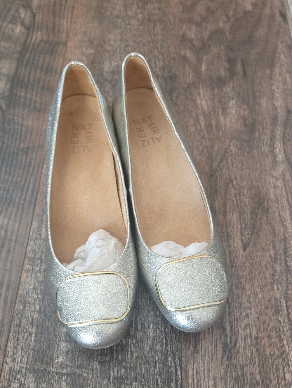 Naturalizer Gold Metallic Ballet Flats with Decorative Square Accent